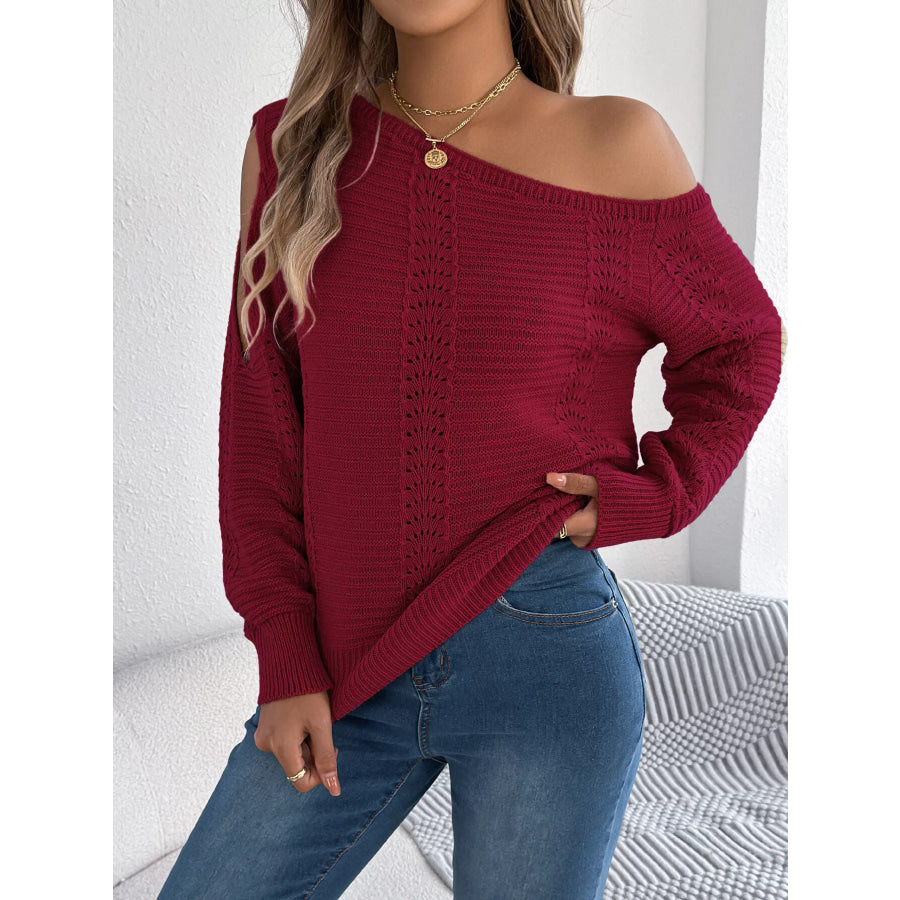Cold-Shoulder Ribbed Knit Openwork Sweater Apparel and Accessories