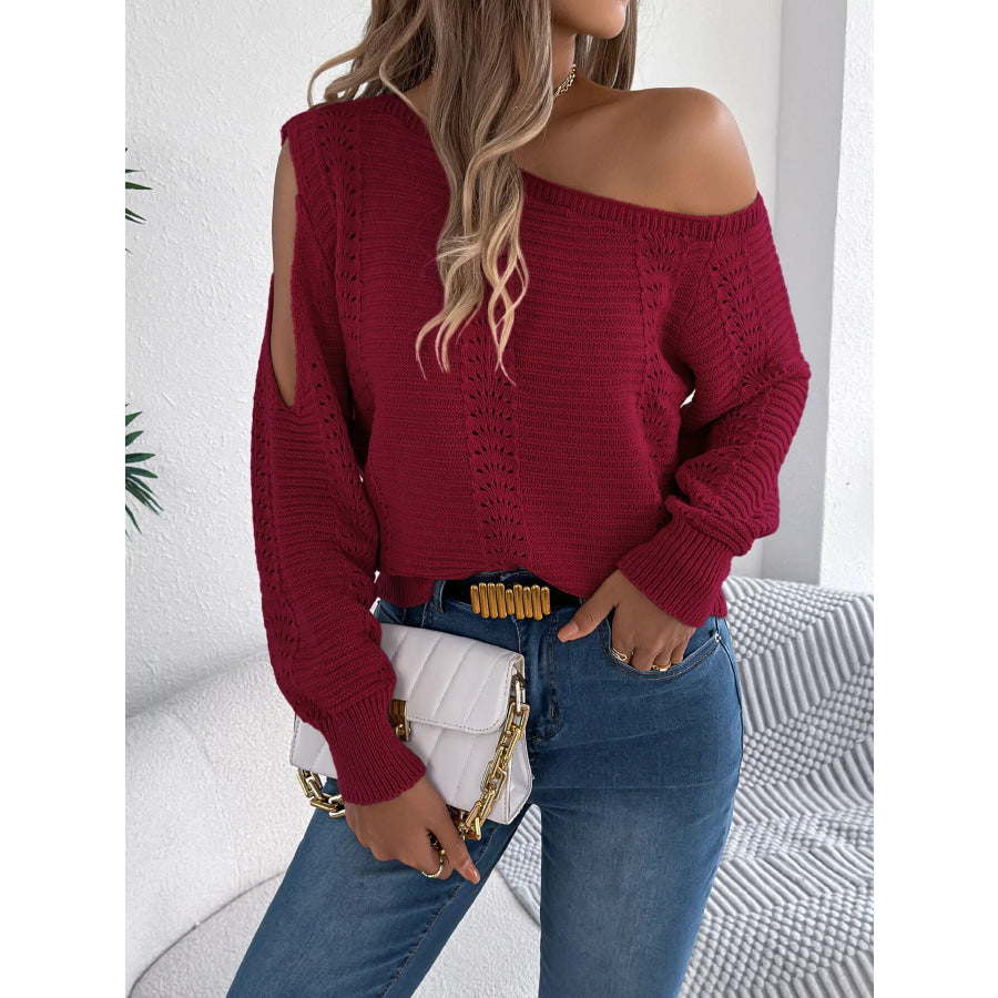 Cold-Shoulder Ribbed Knit Openwork Sweater Burgundy / S Apparel and Accessories