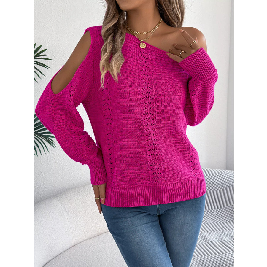 Cold-Shoulder Ribbed Knit Openwork Sweater Cerise / S Apparel and Accessories