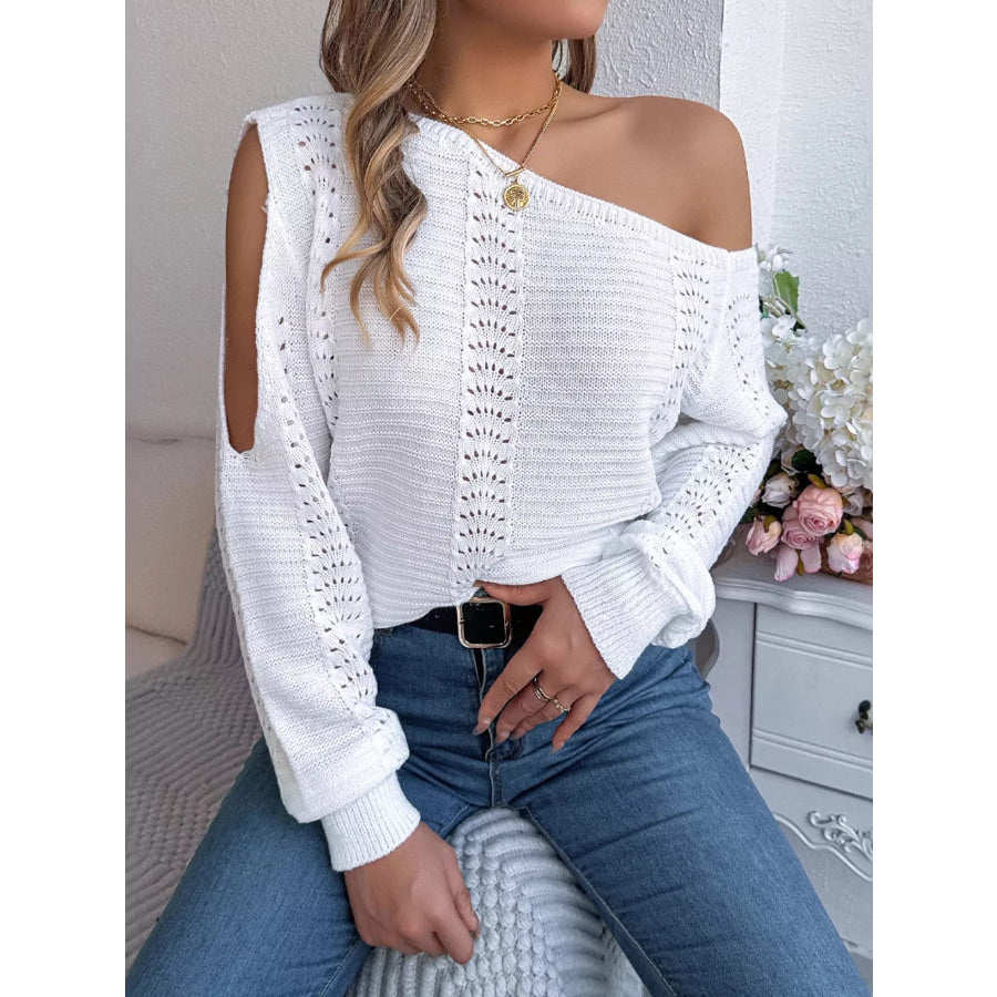 Cold-Shoulder Ribbed Knit Openwork Sweater White / S Apparel and Accessories