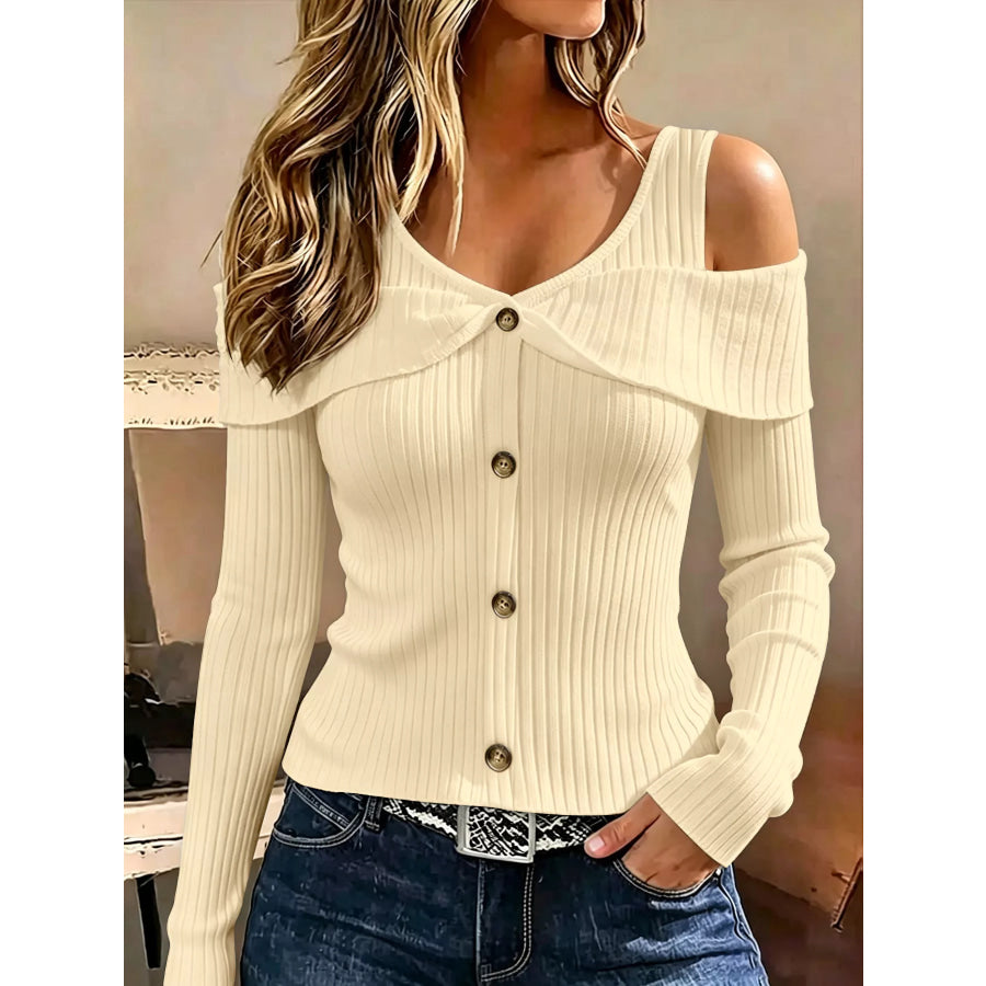 Cold Shoulder Ribbed Knit Top Apricot / S Apparel and Accessories
