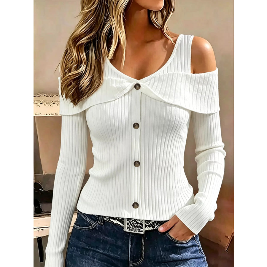 Cold Shoulder Ribbed Knit Top White / S Apparel and Accessories