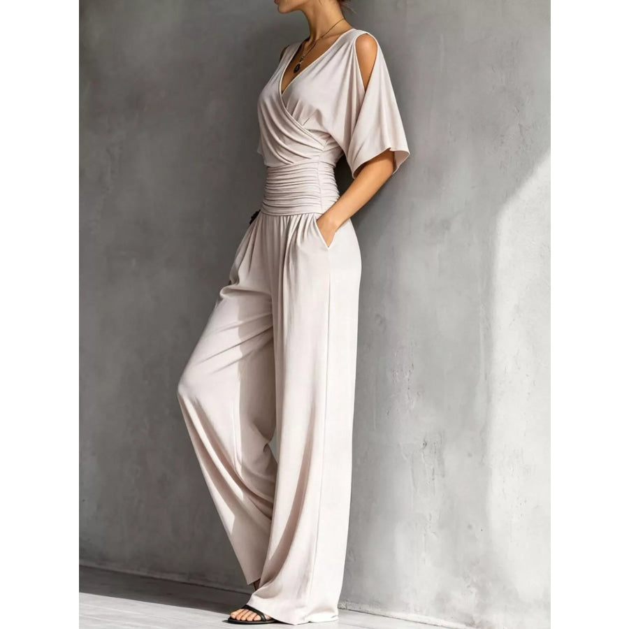 Cold Shoulder Ruched Waist Wide-Leg Jumpsuit Apricot / S Apparel and Accessories