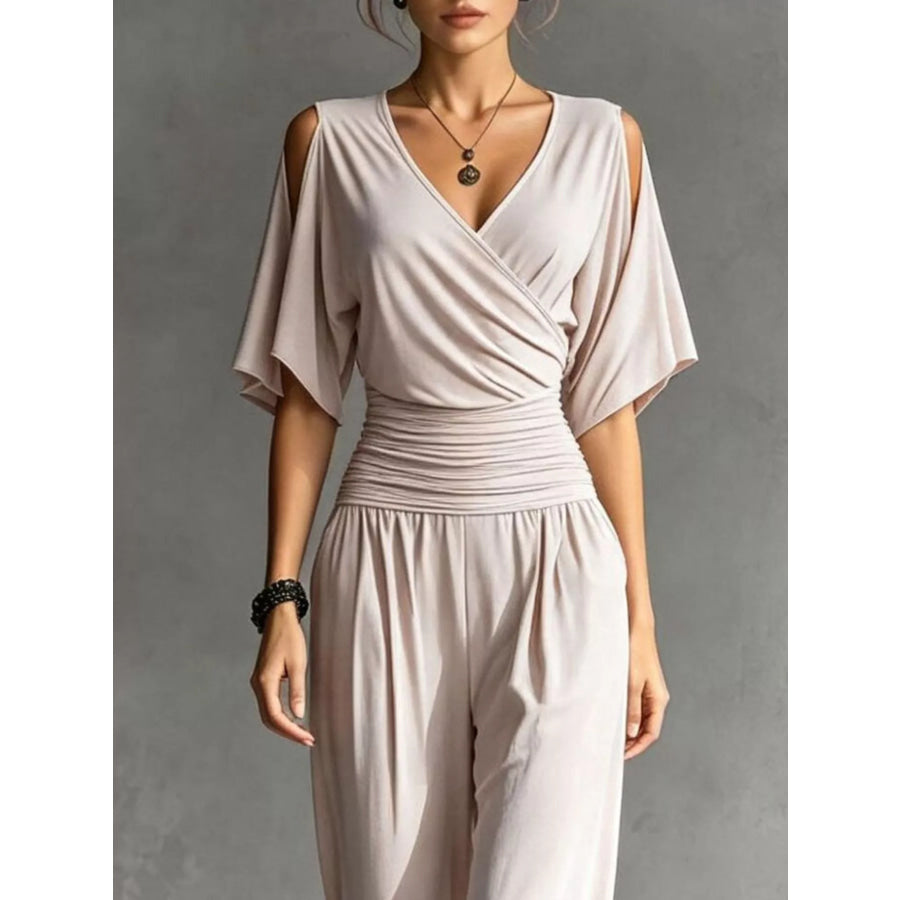Cold Shoulder Ruched Waist Wide-Leg Jumpsuit Apparel and Accessories