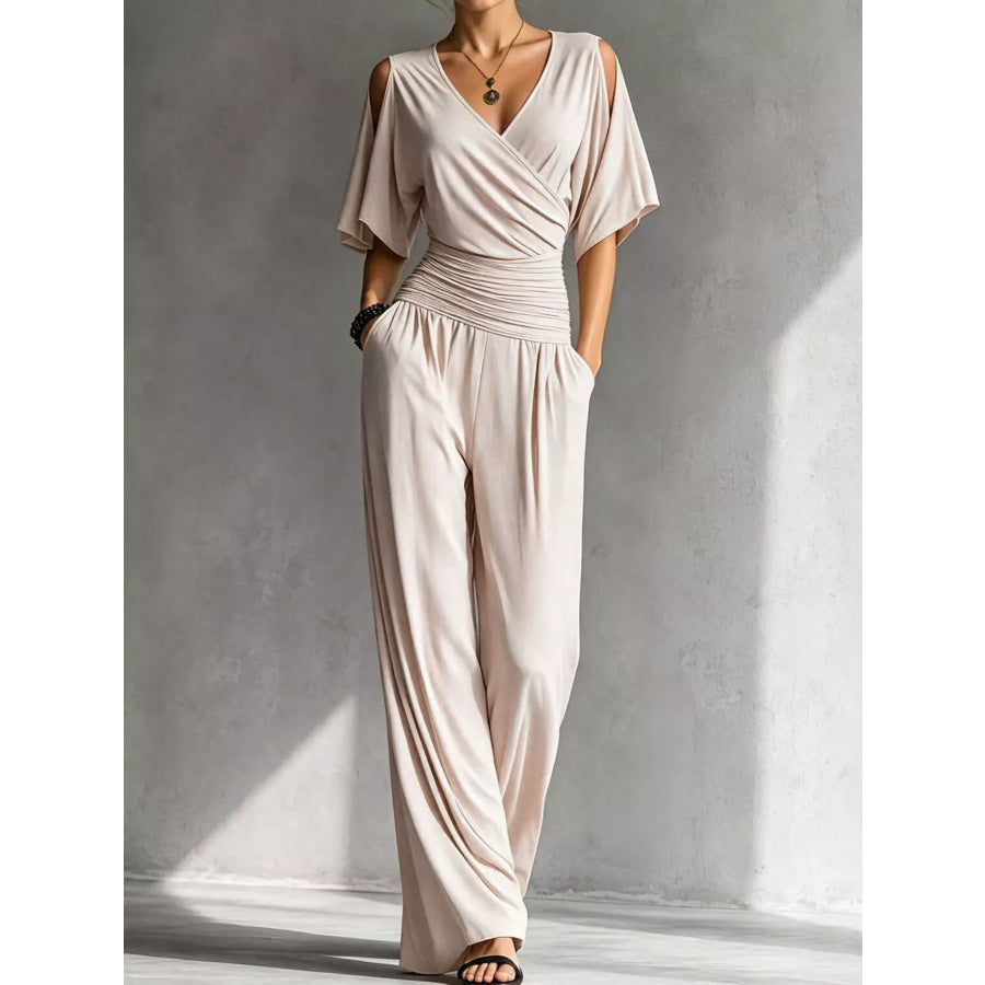 Cold Shoulder Ruched Waist Wide-Leg Jumpsuit Apricot / S Apparel and Accessories