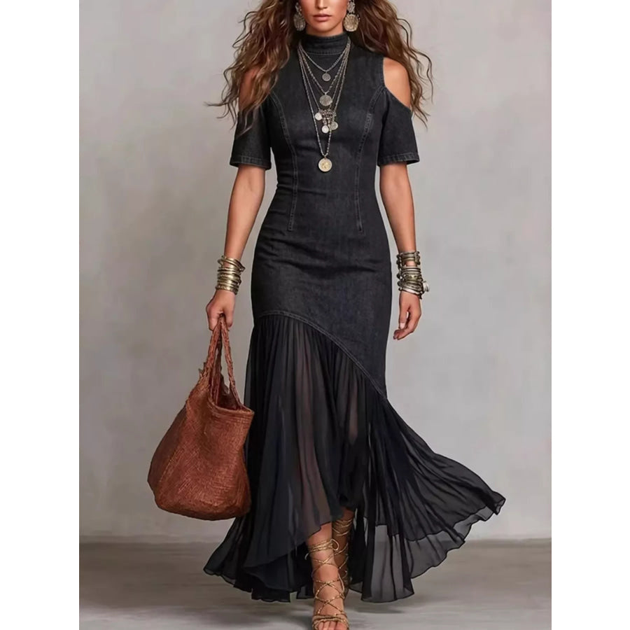 Cold Shoulder Ruffle Hem Maxi Dress Black / S Apparel and Accessories