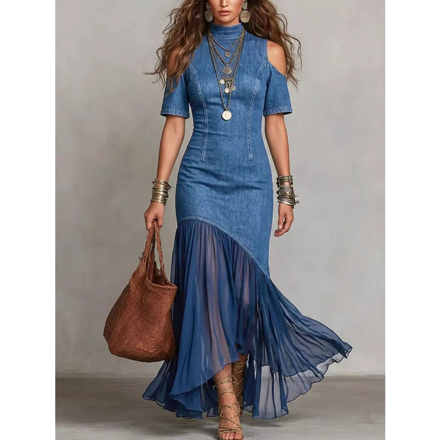Cold Shoulder Ruffle Hem Maxi Dress Blue / S Apparel and Accessories