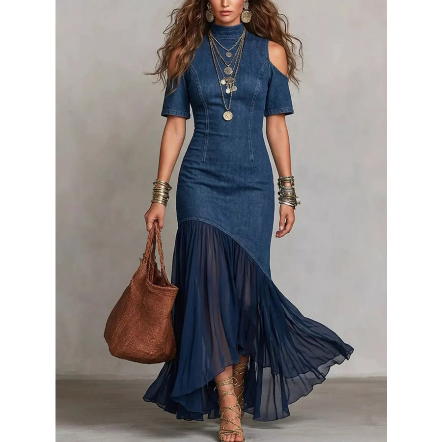 Cold Shoulder Ruffle Hem Maxi Dress Dark Blue / S Apparel and Accessories