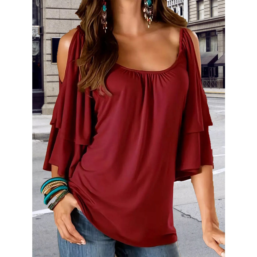 Cold Shoulder Ruffle Sleeve T-Shirt Burgundy / S Apparel and Accessories