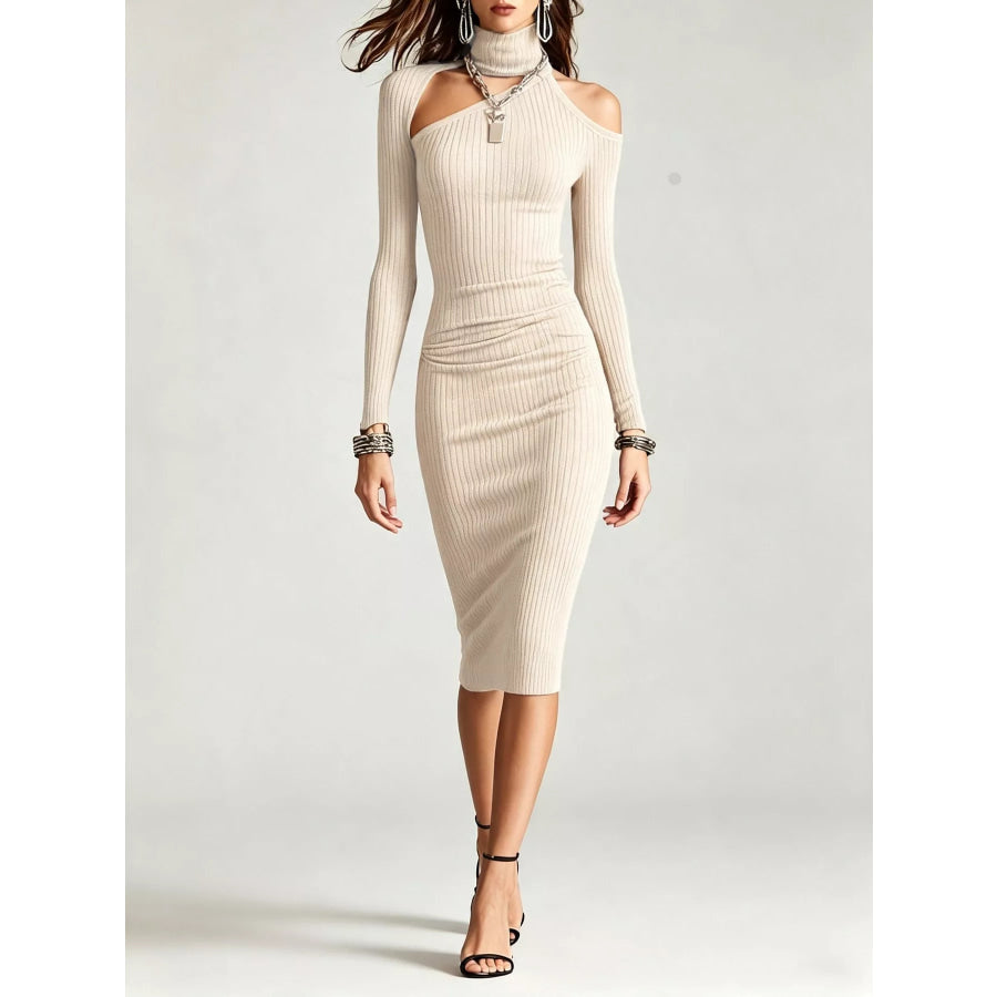 Cold-Shoulder Turtleneck Ribbed Knit Dress White / S Apparel and Accessories