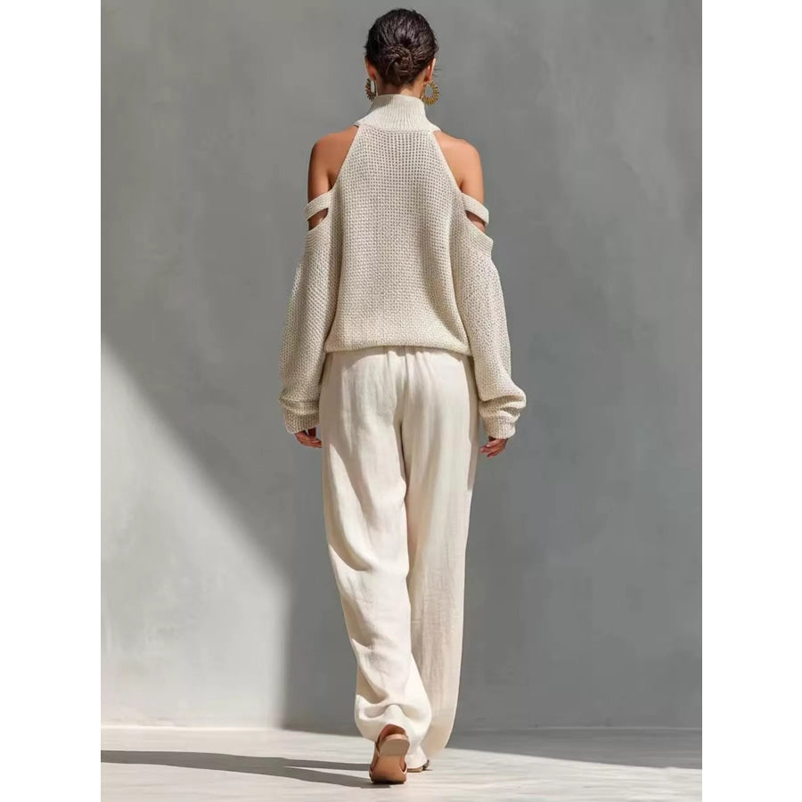 Cold Shoulder Turtleneck Top and Wide-Leg Pants Set Beige / XS Apparel and Accessories