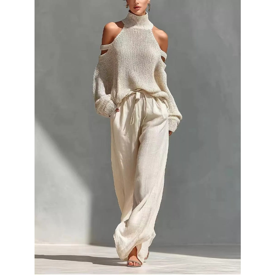 Cold Shoulder Turtleneck Top and Wide-Leg Pants Set Beige / XS Apparel and Accessories