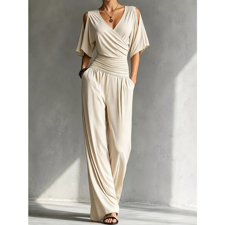 Cold Shoulder Wide-Leg Jumpsuit Apricot / S Apparel and Accessories
