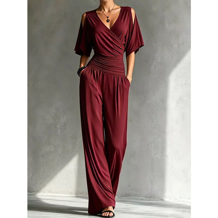 Cold Shoulder Wide-Leg Jumpsuit Burgundy / S Apparel and Accessories