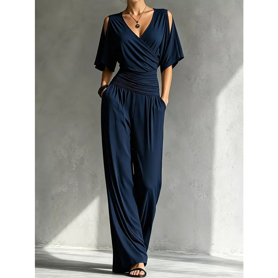 Cold Shoulder Wide-Leg Jumpsuit Navy / S Apparel and Accessories
