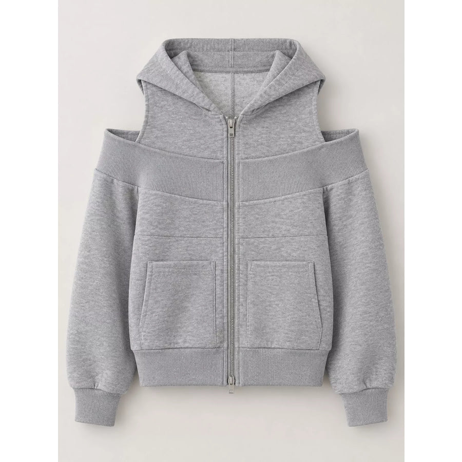 Cold Shoulder Zip-Up Hoodie Apparel and Accessories