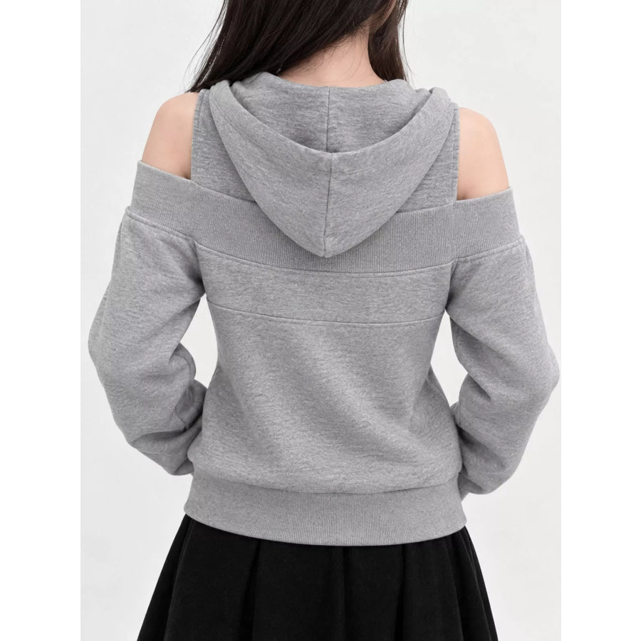 Cold Shoulder Zip-Up Hoodie Apparel and Accessories