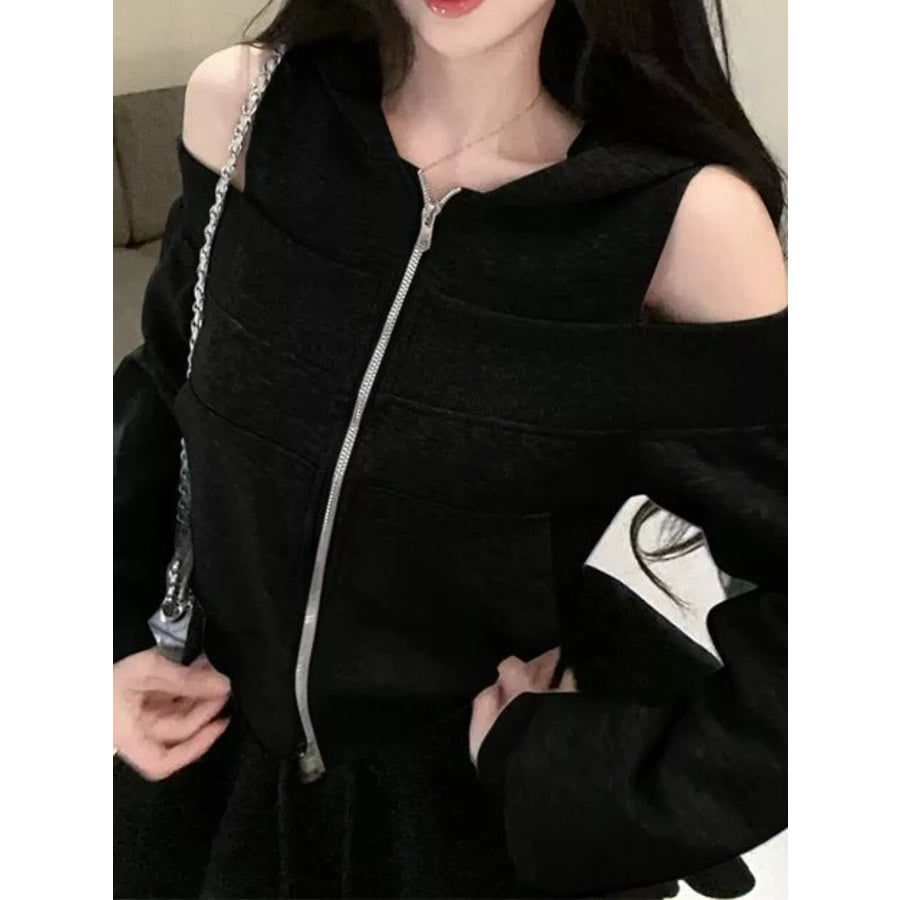 Cold Shoulder Zip-Up Hoodie Apparel and Accessories
