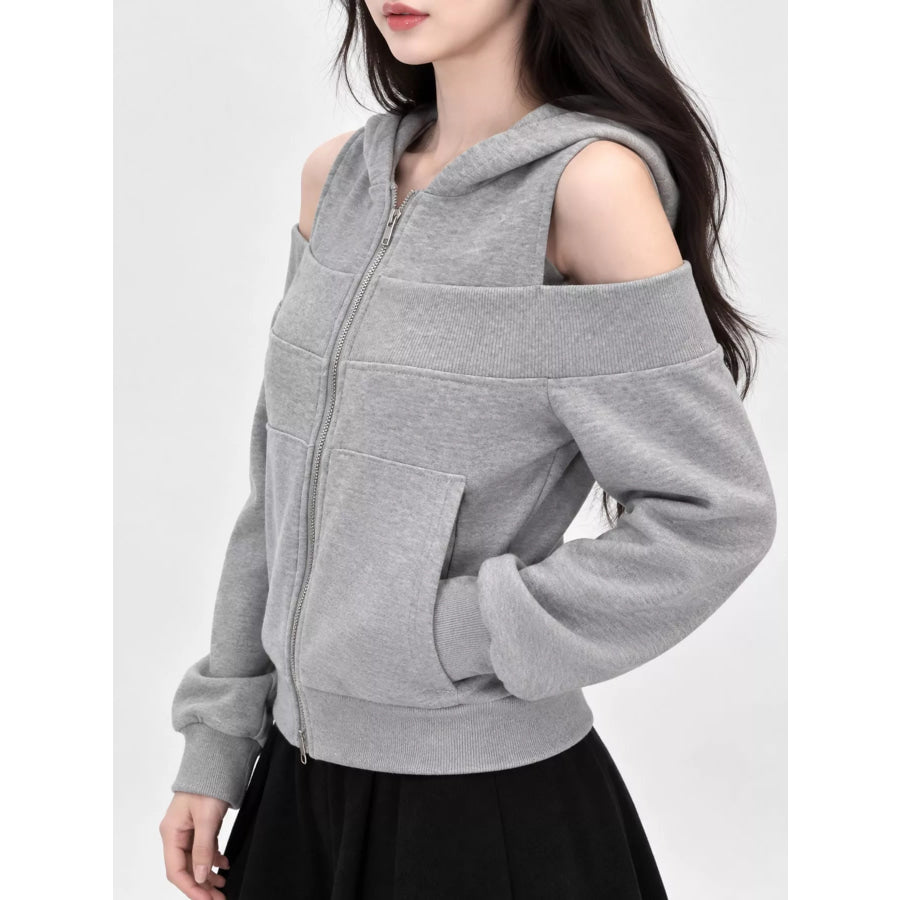 Cold Shoulder Zip-Up Hoodie Apparel and Accessories