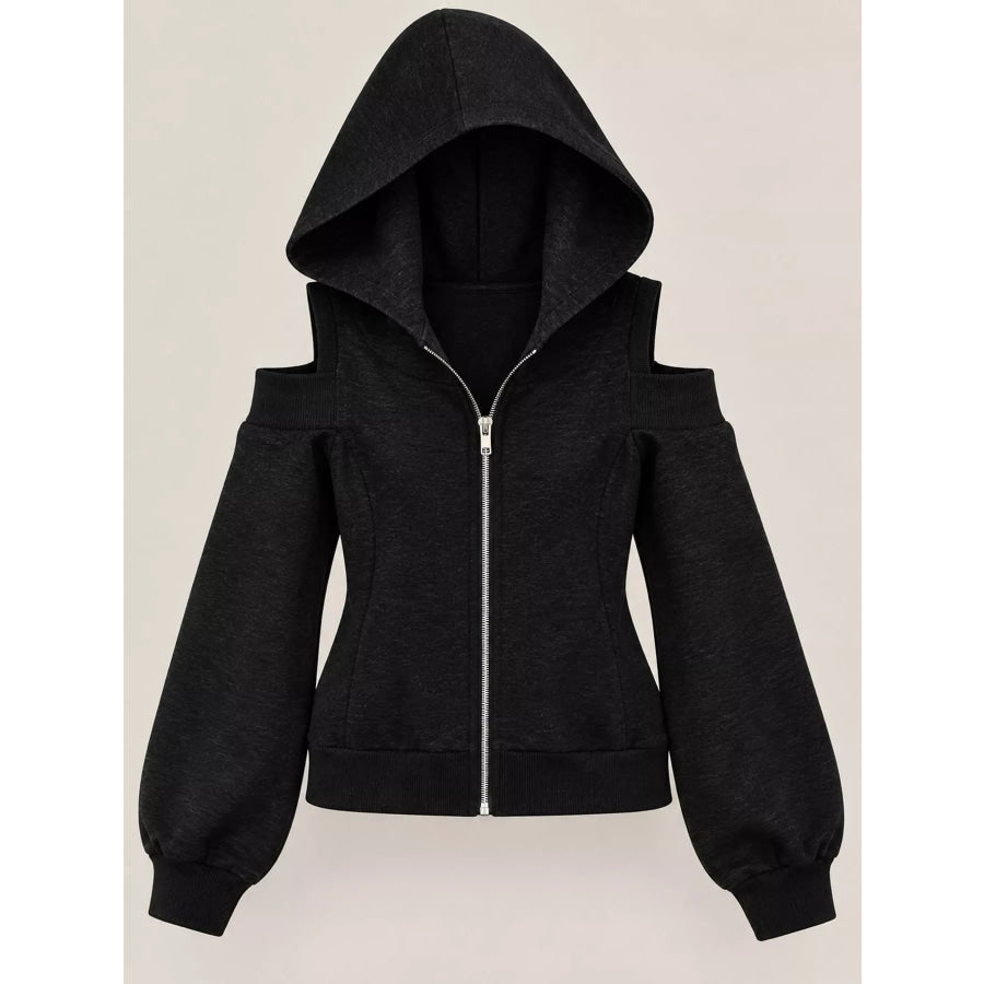 Cold Shoulder Zip-Up Hoodie Apparel and Accessories
