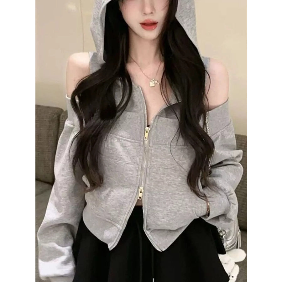 Cold Shoulder Zip-Up Hoodie Apparel and Accessories