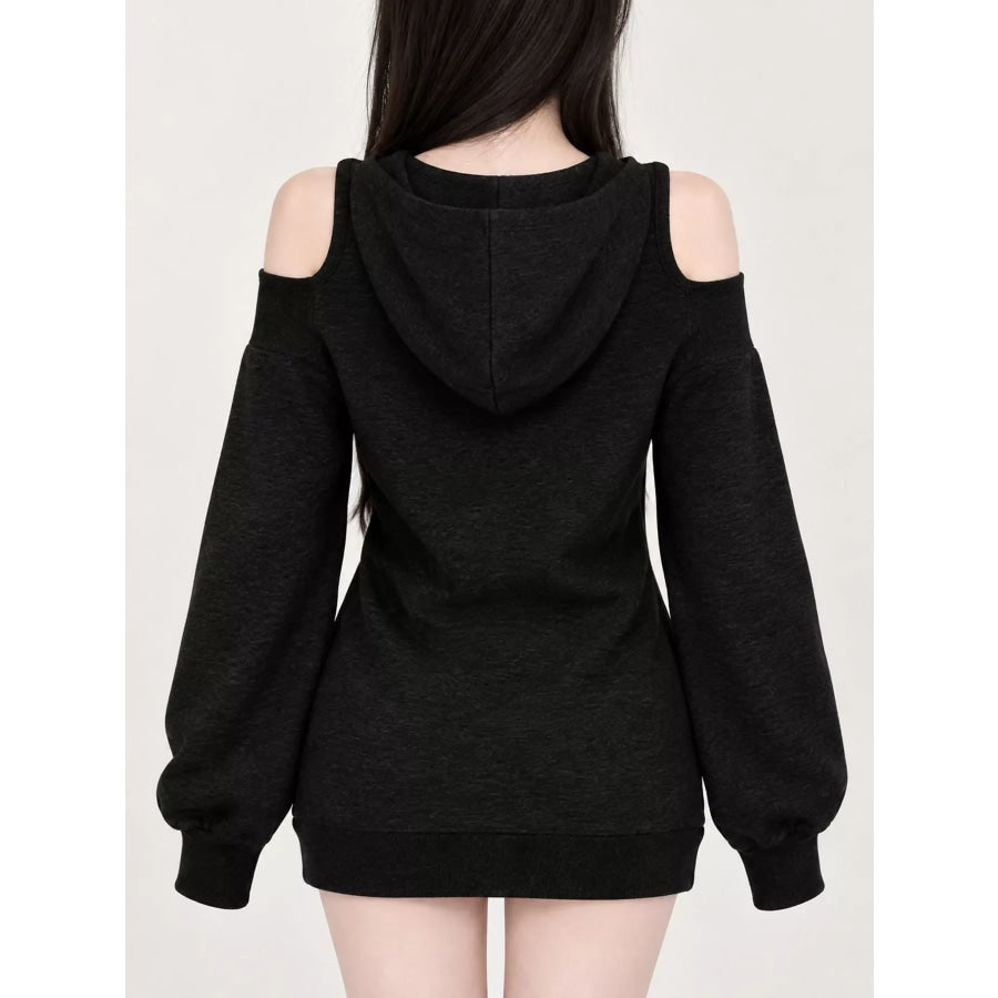 Cold Shoulder Zip-Up Hoodie Apparel and Accessories