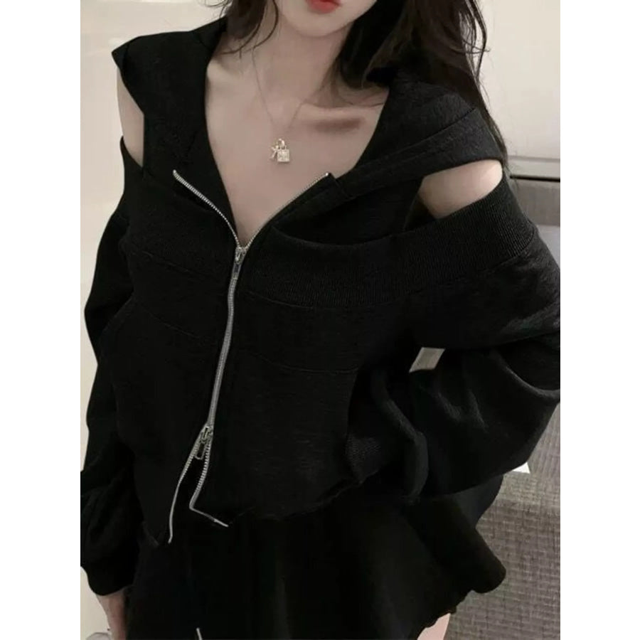 Cold Shoulder Zip-Up Hoodie Apparel and Accessories