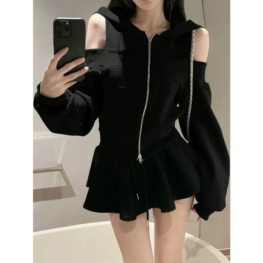 Cold Shoulder Zip-Up Hoodie Black / S Apparel and Accessories