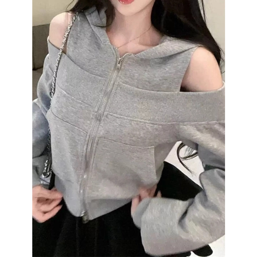 Cold Shoulder Zip-Up Hoodie Gray / S Apparel and Accessories