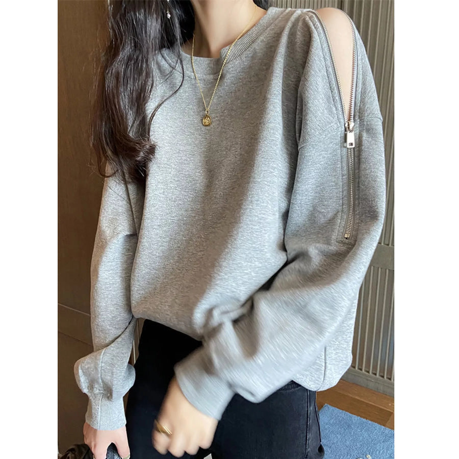 Cold-Shoulder Zipper Detail Sweatshirt Gray / M Apparel and Accessories