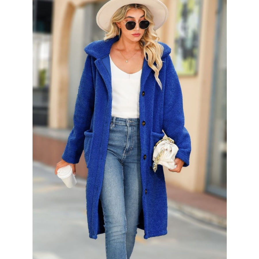 Collared Neck Button Down Coat Royal Blue / S