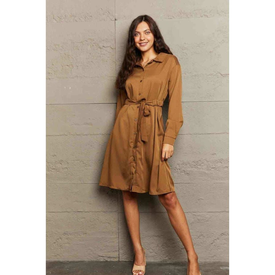 Collared Neck Button Down Dress Caramel / S