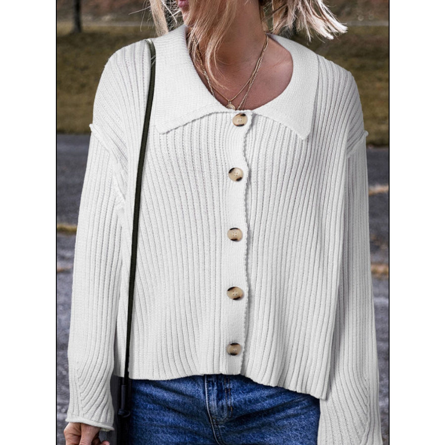 Collared Neck Button Down Long Sleeve Cardigan White / S Apparel and Accessories