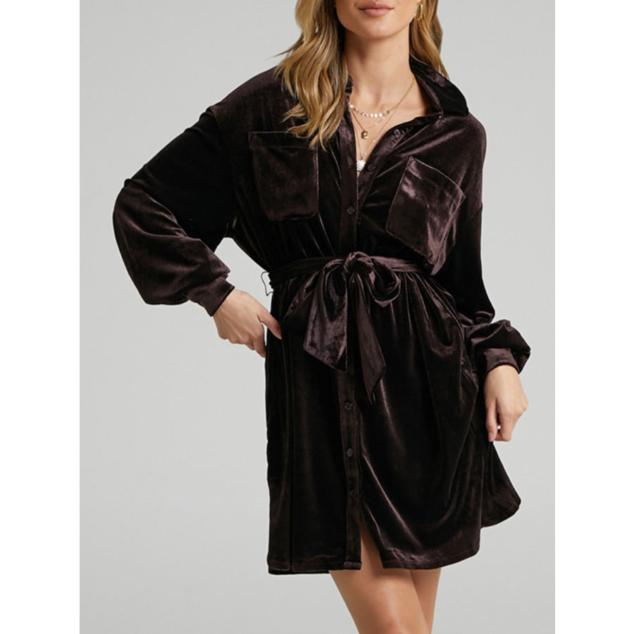 Collared Neck Button Down Long Sleeve Mini Dress Apparel and Accessories