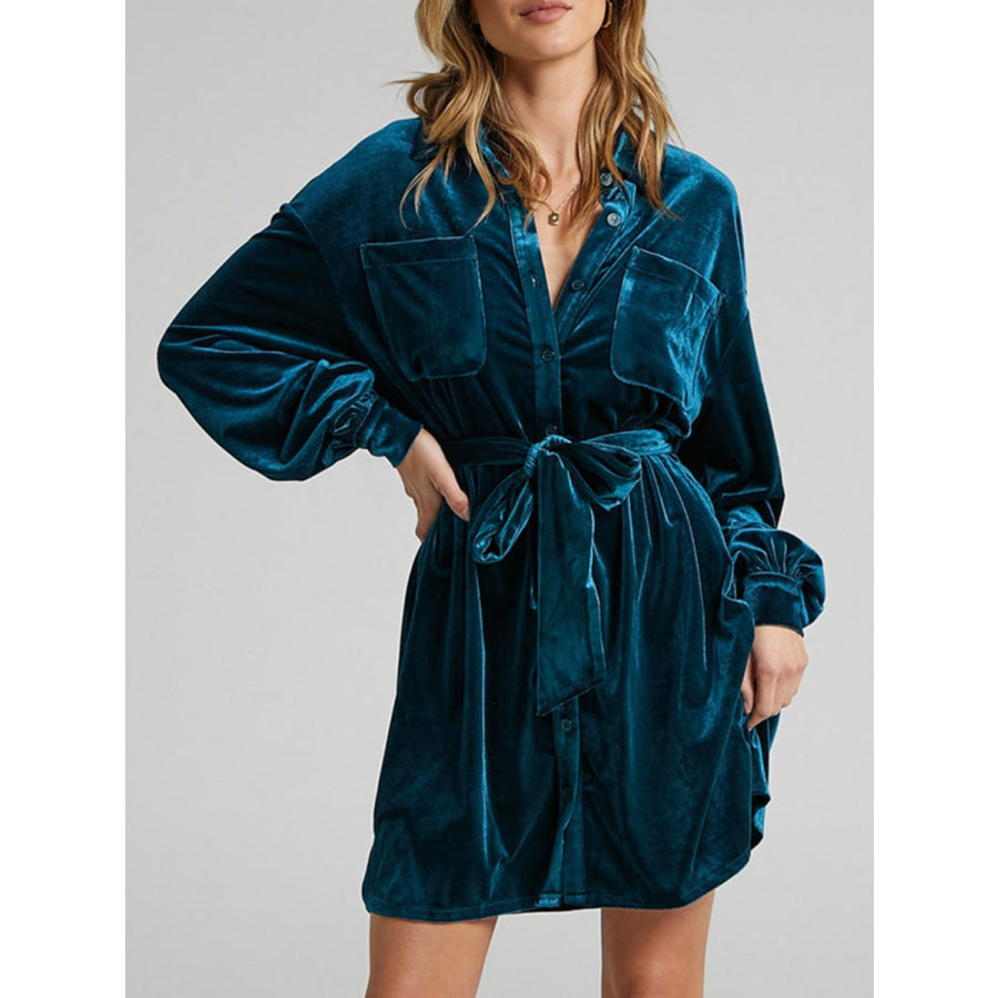 Collared Neck Button Down Long Sleeve Mini Dress Apparel and Accessories