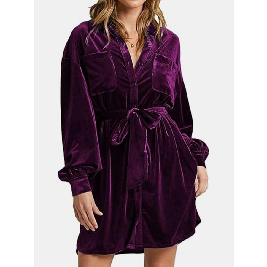 Collared Neck Button Down Long Sleeve Mini Dress Apparel and Accessories