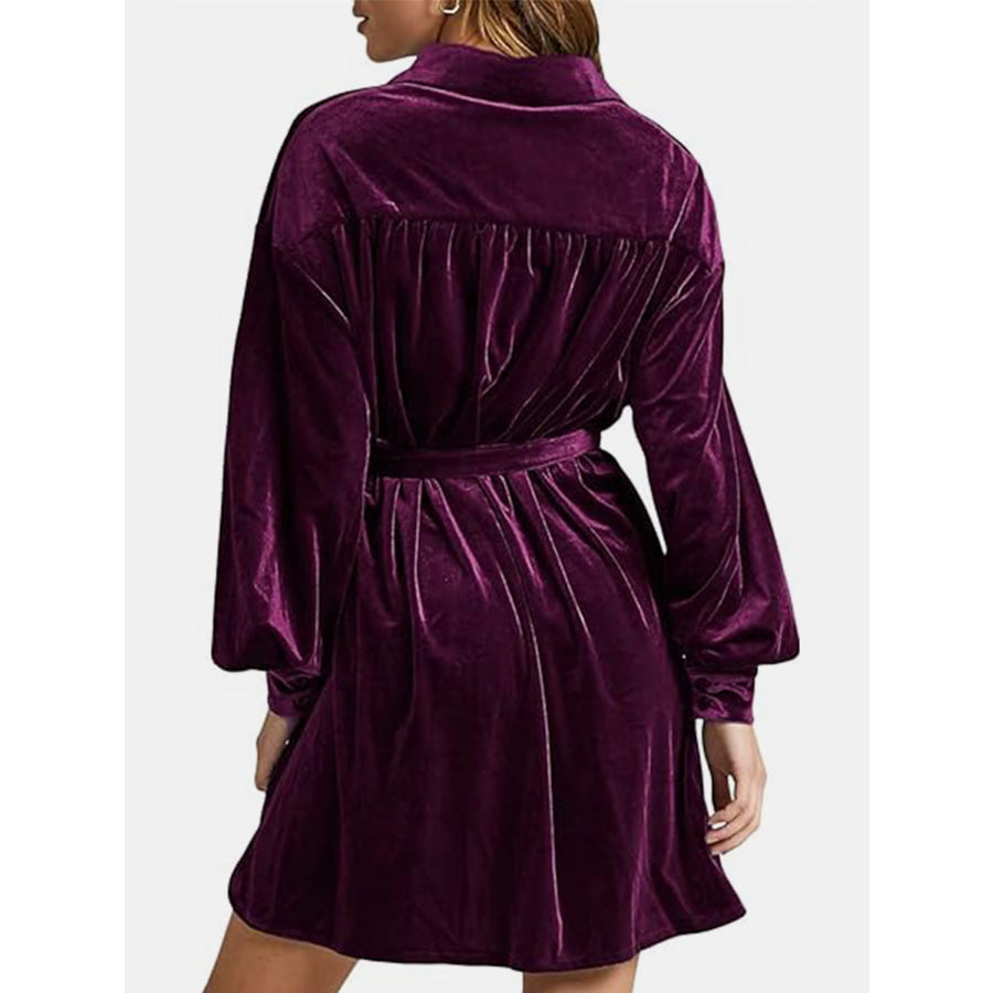 Collared Neck Button Down Long Sleeve Mini Dress Apparel and Accessories