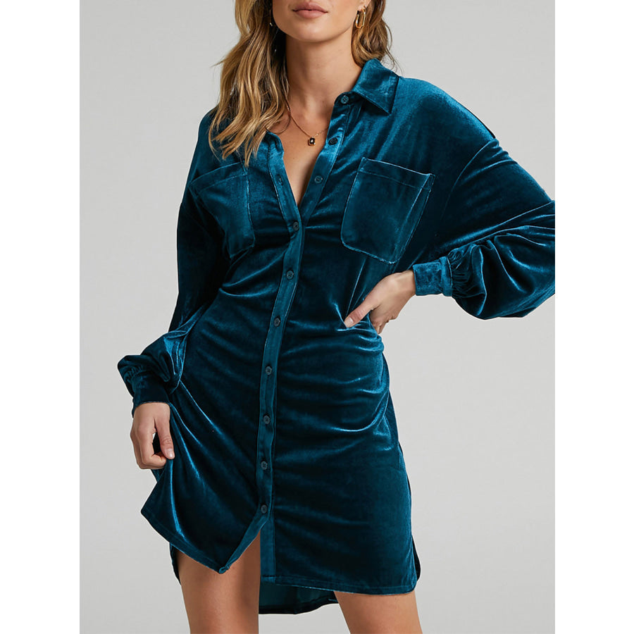 Collared Neck Button Down Long Sleeve Mini Dress Peacock Blue / S Apparel and Accessories