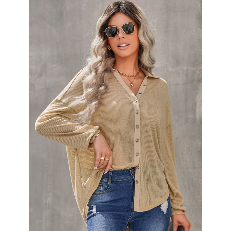 Collared Neck Button Down Long Sleeve Shirt Apparel and Accessories