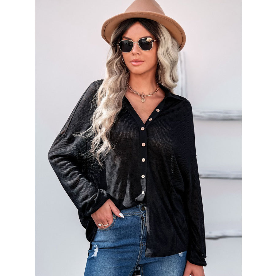 Collared Neck Button Down Long Sleeve Shirt Apparel and Accessories