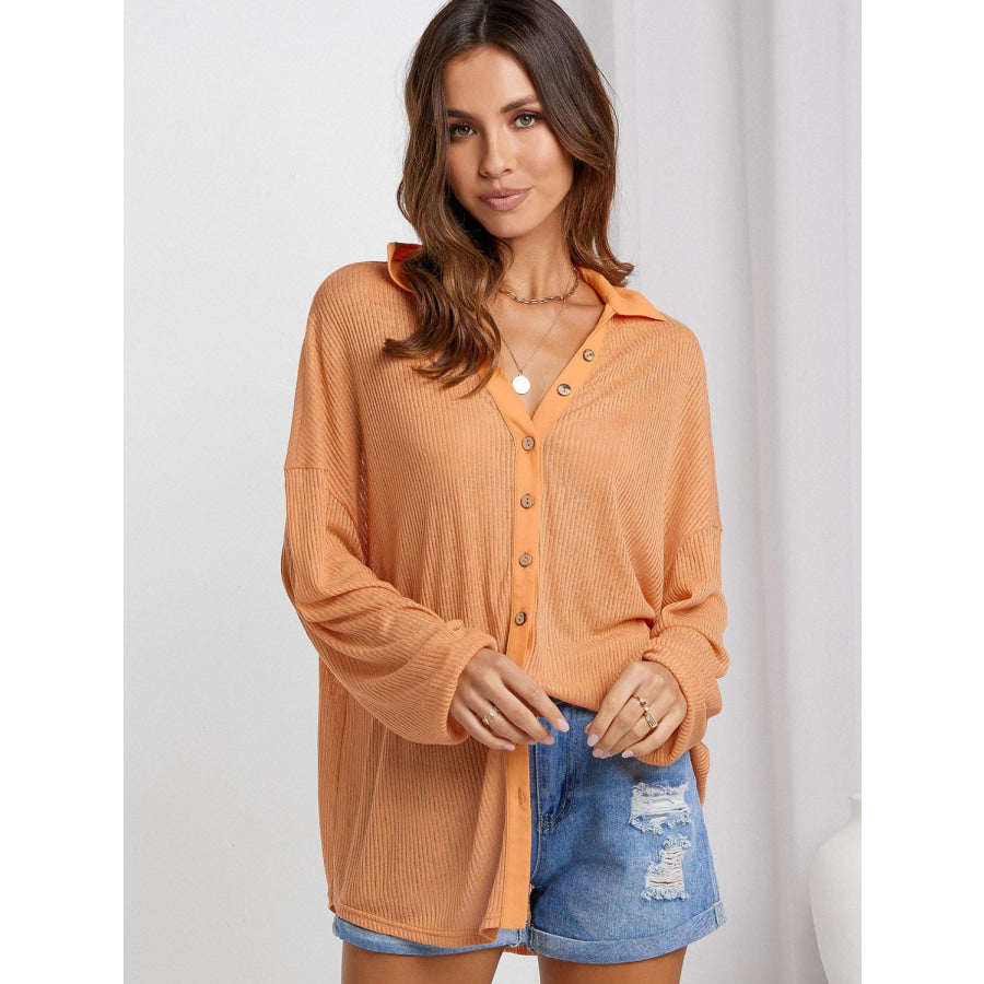 Collared Neck Button Down Long Sleeve Shirt Apparel and Accessories