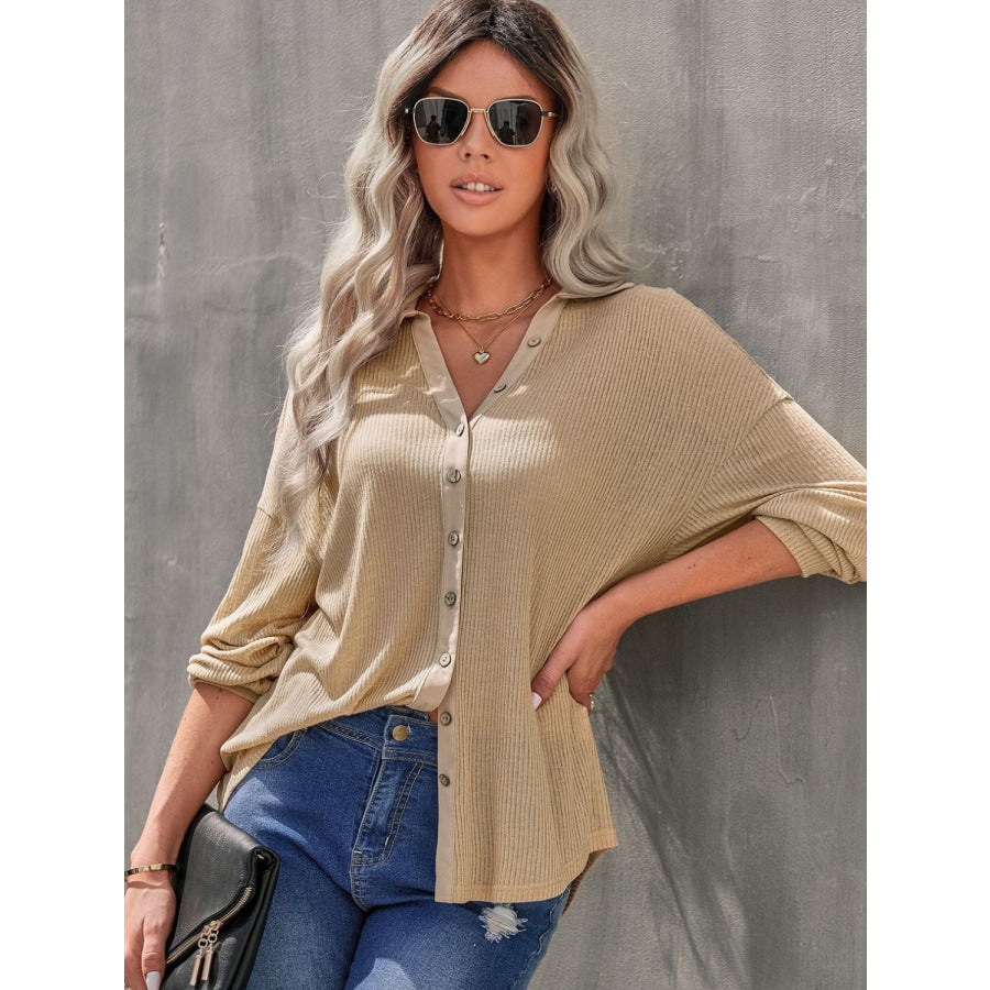 Collared Neck Button Down Long Sleeve Shirt Apparel and Accessories