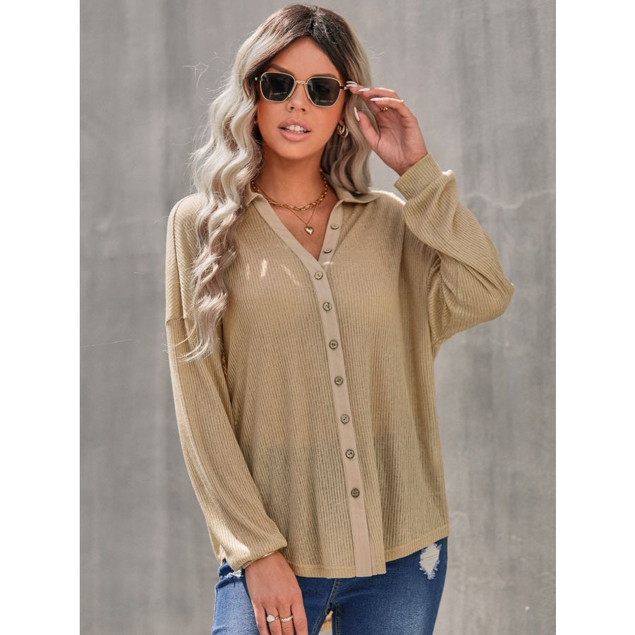 Collared Neck Button Down Long Sleeve Shirt Tan / S Apparel and Accessories