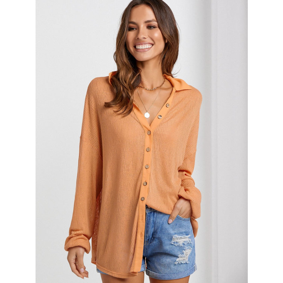 Collared Neck Button Down Long Sleeve Shirt Tangerine / S Apparel and Accessories