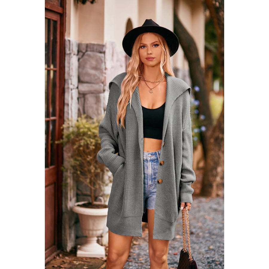 Collared Neck Button-Up Cardigan with Pockets Heather Gray / S Clothing