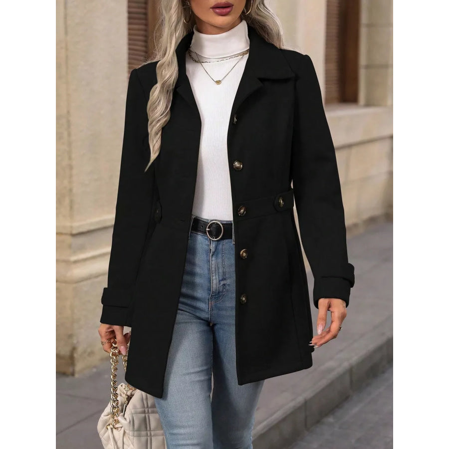 Collared Neck Button Up Coat Black / S Apparel and Accessories