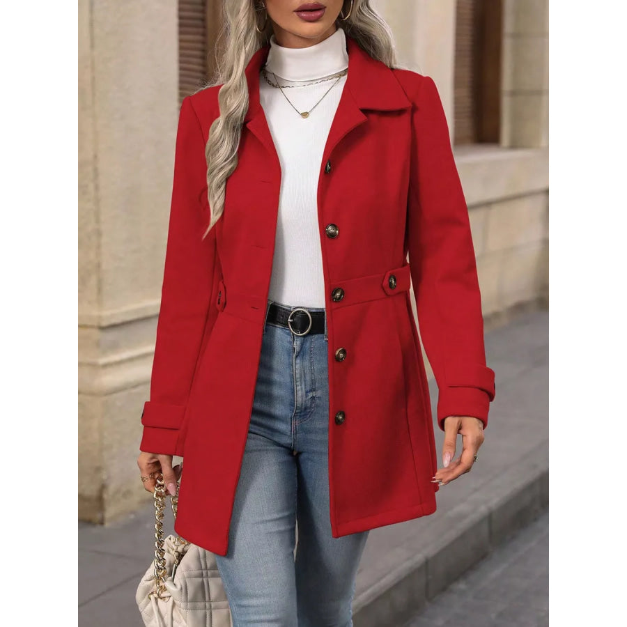 Collared Neck Button Up Coat Deep Red / S Apparel and Accessories