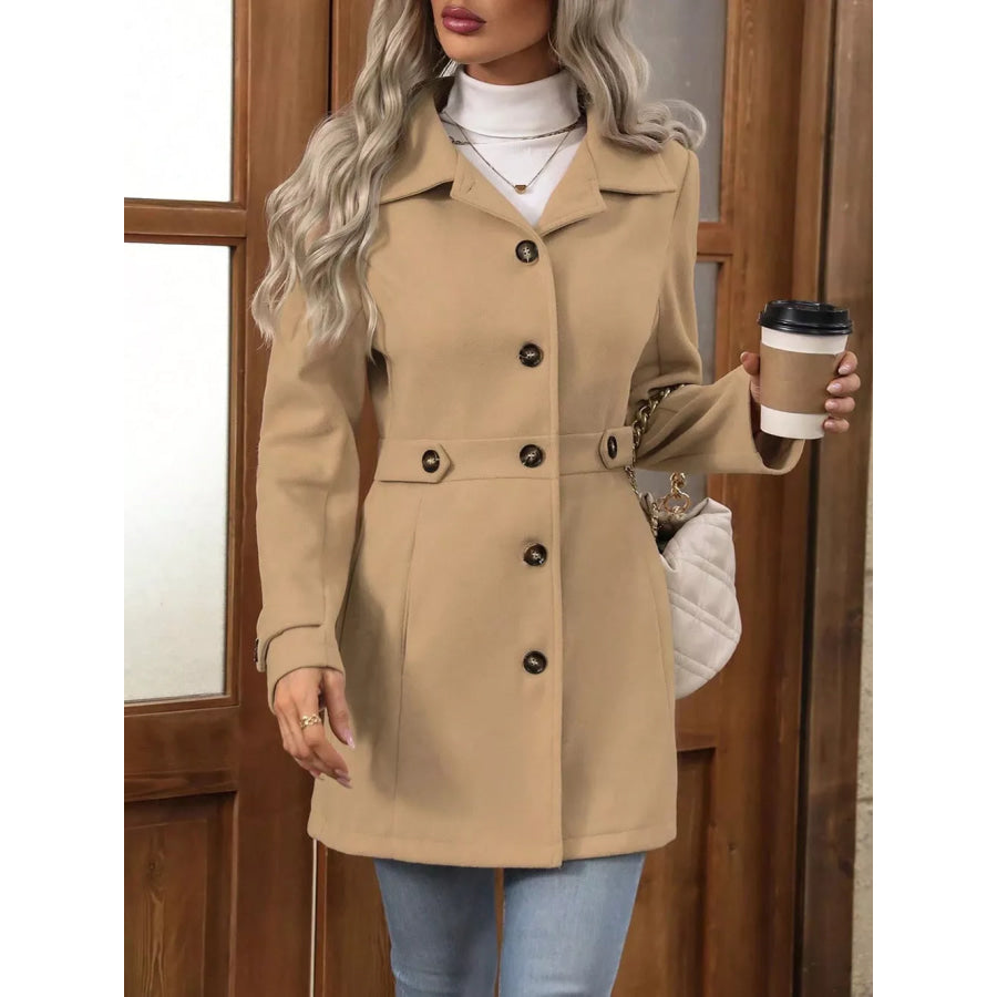 Collared Neck Button Up Coat Tan / S Apparel and Accessories