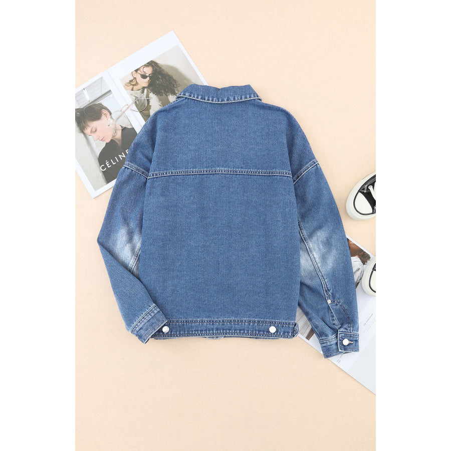 Collared Neck Button Up Denim Jacket Apparel and Accessories