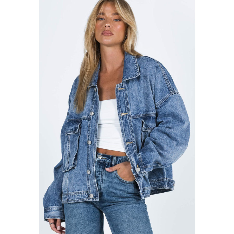 Collared Neck Button Up Denim Jacket Apparel and Accessories